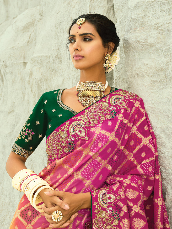 Designer Georgette Bandhej Saree with Moti & Cut-Dana Handwork Border in Rani, Yellow & Pink – Occasion Wear with Green Blouse