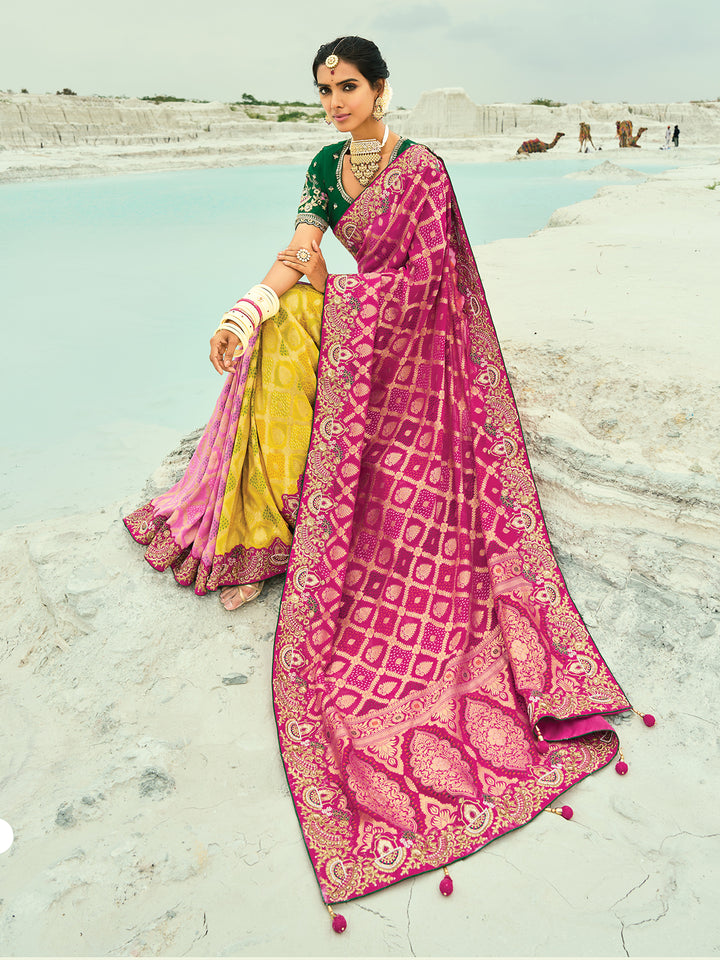 Designer Georgette Bandhej Saree with Moti & Cut-Dana Handwork Border in Rani, Yellow & Pink – Occasion Wear with Green Blouse