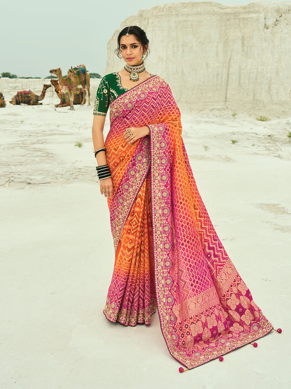 Designer Orange & Rani Pink Georgette Bandhej Saree with Moti & Cut Dana Heavy Hand Work Border – Occasion Wear Saree with Rani Pink Blouse