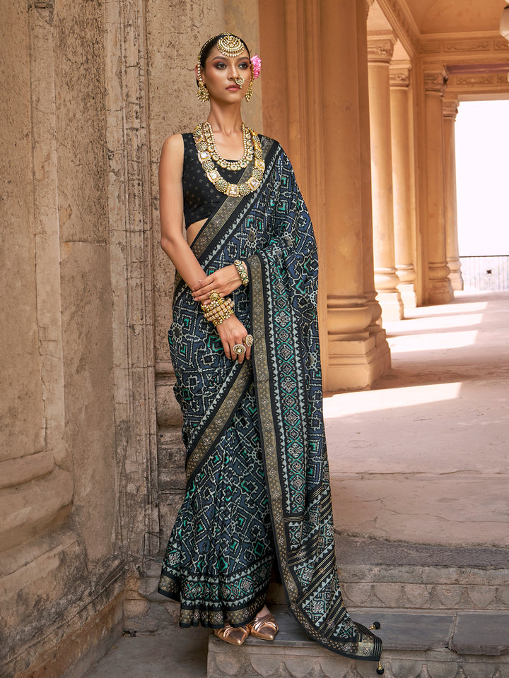 "Grey Silk Patola Saree with Black Silk Blouse – Traditional Wedding & Festival Wear