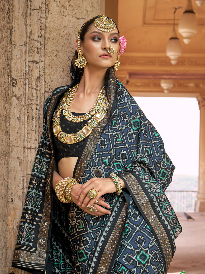 "Grey Silk Patola Saree with Black Silk Blouse – Traditional Wedding & Festival Wear