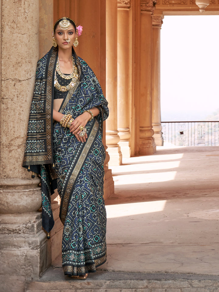"Grey Silk Patola Saree with Black Silk Blouse – Traditional Wedding & Festival Wear