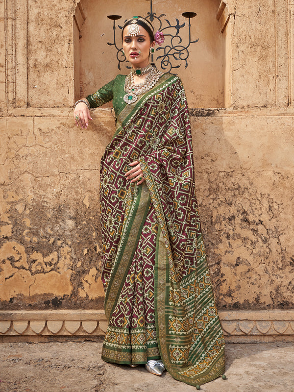Green Silk Patola Saree with Matching Blouse for Wedding & Festival Wear