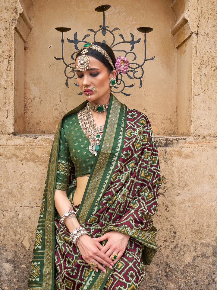 Green Silk Patola Saree with Matching Blouse for Wedding & Festival Wear