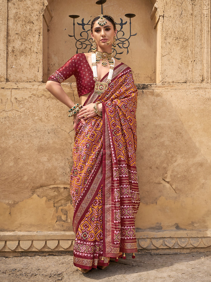 Traditional Yellow Patola Silk Saree with Red Silk Blouse – Perfect Wedding & Festival Wear