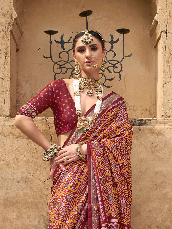 Traditional Yellow Patola Silk Saree with Red Silk Blouse – Perfect Wedding & Festival Wear