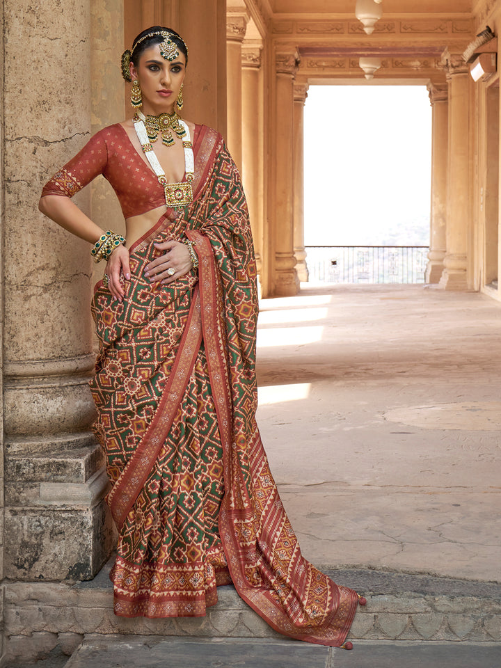 Terracotta Silk Patola Saree for Wedding & Festival Wear | Traditional Indian Designer Saree with Matching Silk Blouse