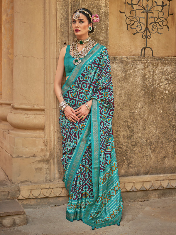 Patola Designer Teal Green Silk Saree for Wedding & Festival