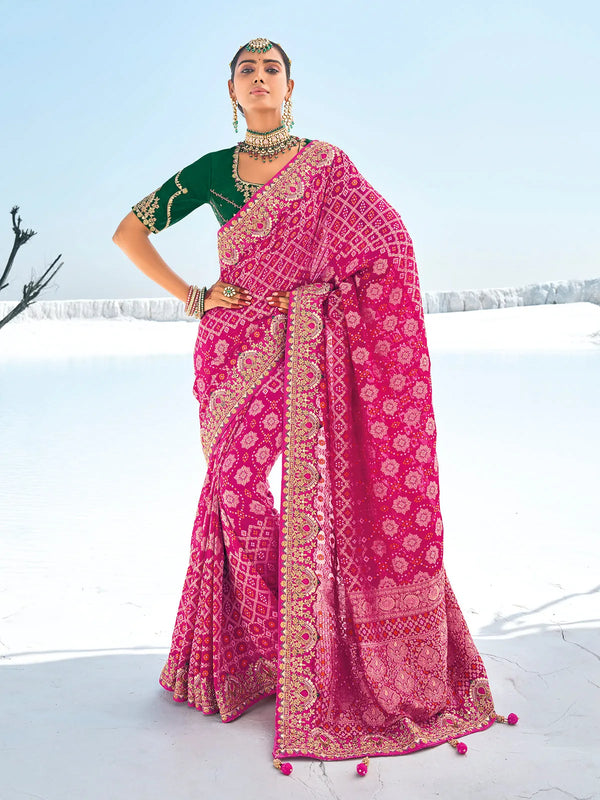 Traditional Pink Georgette Silk Bandani Patola Weeding Saree