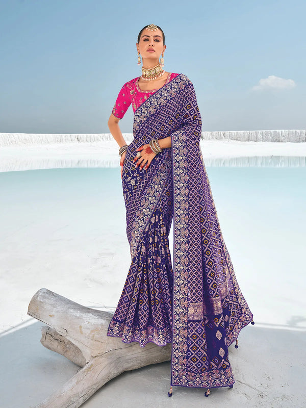 Georgette Royal Purple Bandani Design Patola Festival Saree