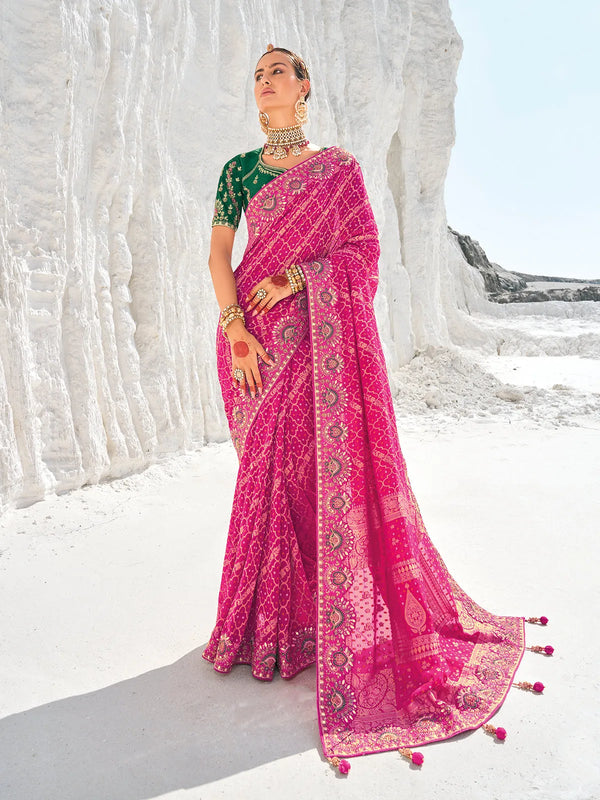 Pink Patola Georgette Silk Weeding Bandani Design Weaving Saree