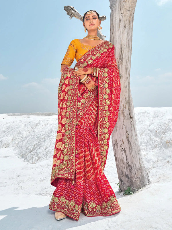 Red Georgette Silk Bandani Designer Patola Festival Saree