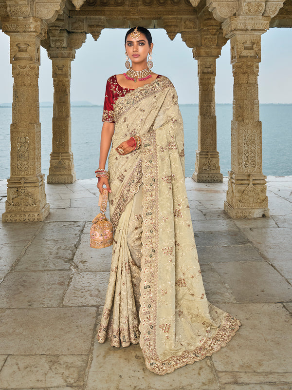 Cream Banarasi Jari Reception Saree with Jarkan Work