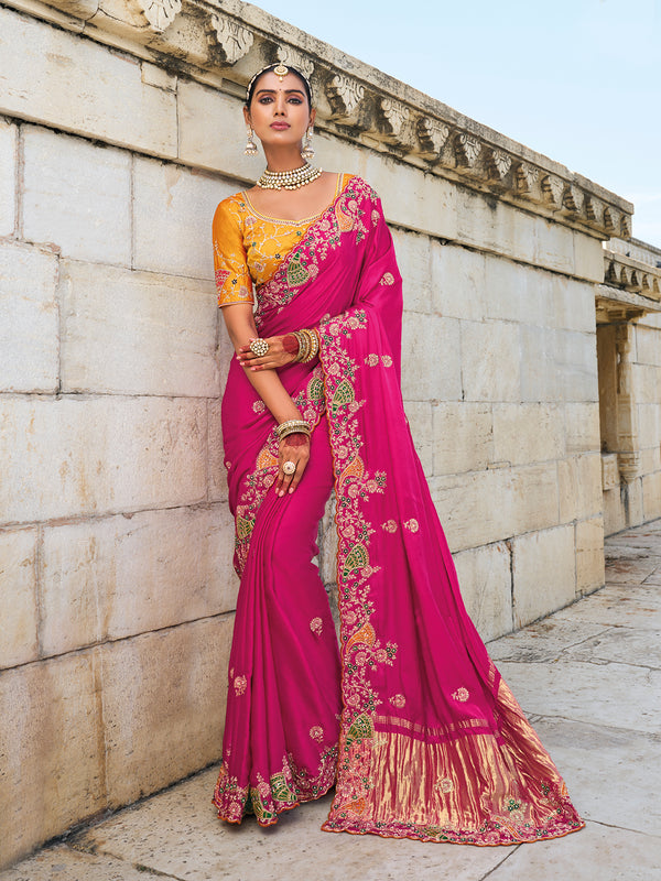 Rani Pink Satin Silk Reception Saree In Thread Work