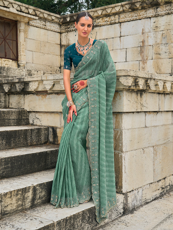 Reception Wear Sea Green Crush Tissue Silk Saree