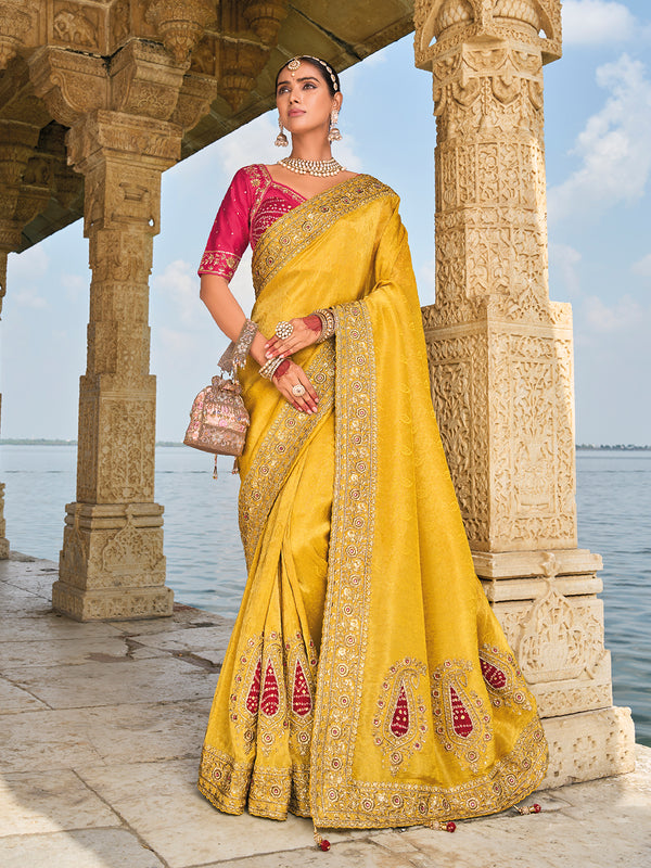 Mustard Crape Jacquard Saree with Jari & Jardoshi Work