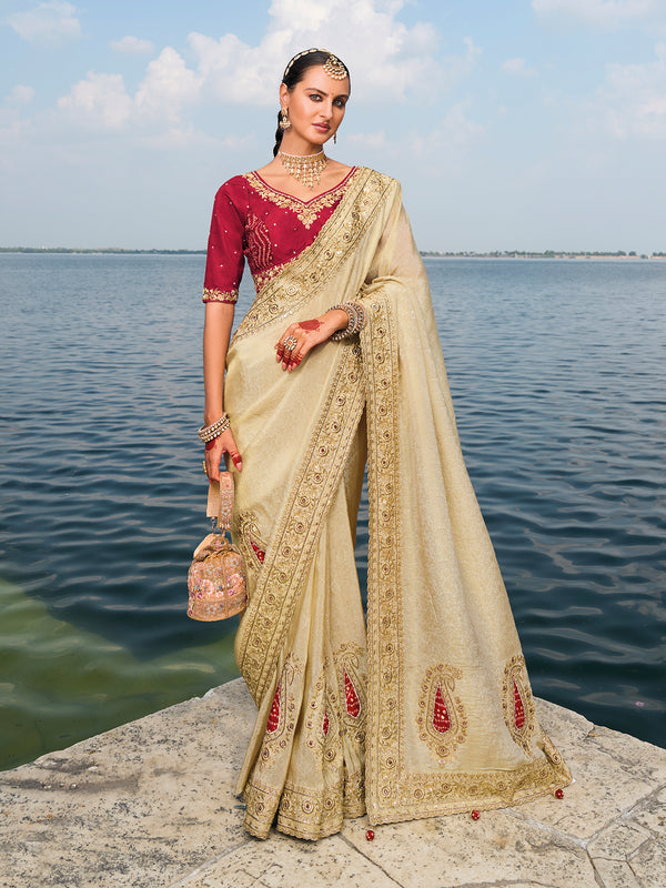 Cream Crape Jacquard Saree with Jari & Jardoshi Work