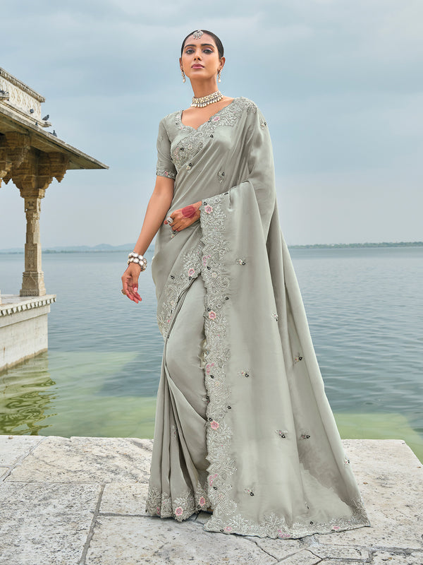 Grey Banarasi Reception Saree in Jarkhan Heavy Work