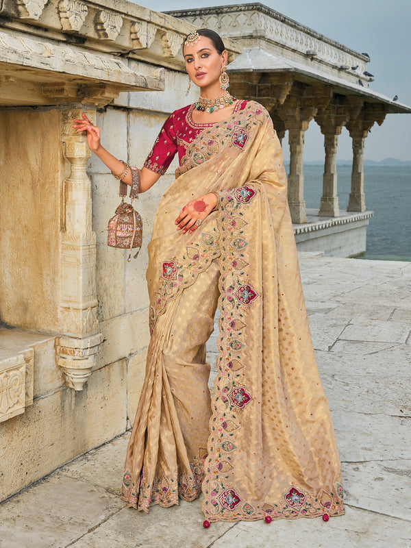 Beige Kanjivaram Silk Reception Saree with Jarkhan Work