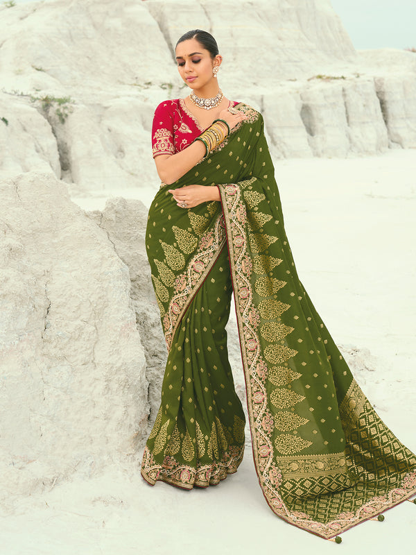 Green Organza Viscose Satin Saree with Pink Silk Blouse | Designer Wedding & Festival Wear