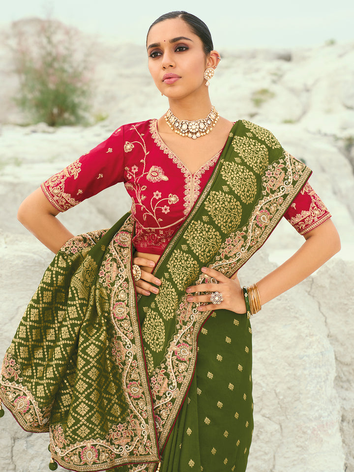 Green Organza Viscose Satin Saree with Pink Silk Blouse | Designer Wedding & Festival Wear