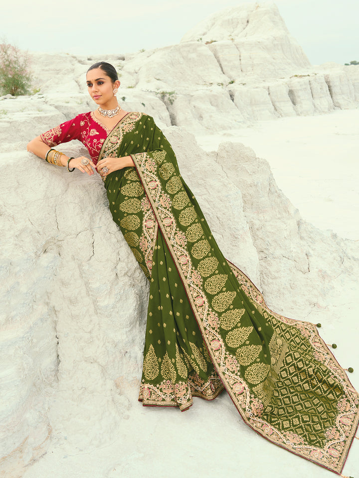 Green Organza Viscose Satin Saree with Pink Silk Blouse | Designer Wedding & Festival Wear