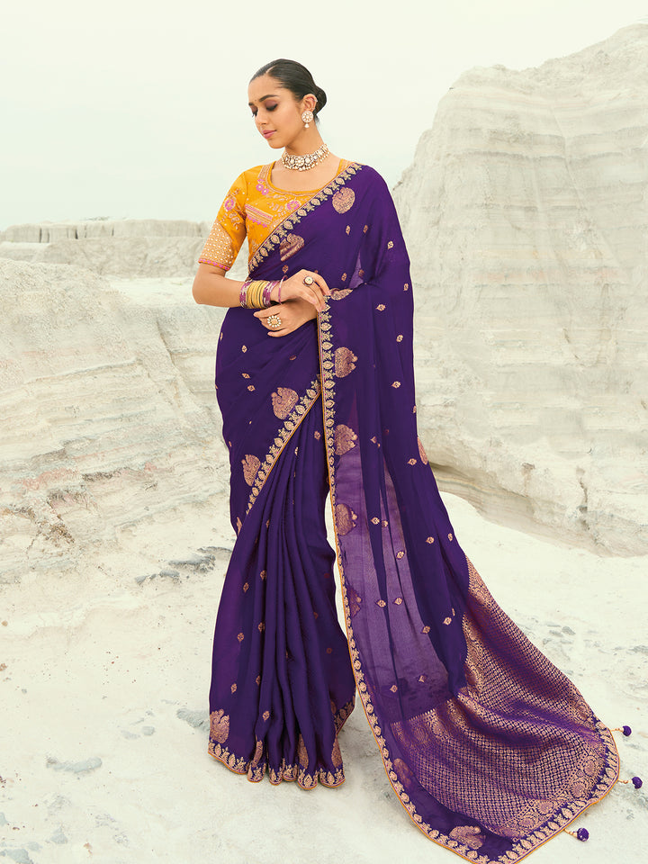 Royal Purple Organza Viscose Saree for Wedding & Festival | Cut-Dana Coding Border | Pure Silk Yellow Blouse