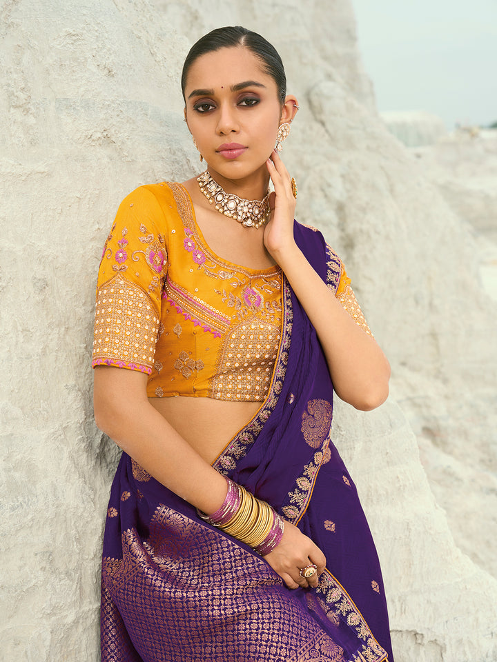 Royal Purple Organza Viscose Saree for Wedding & Festival | Cut-Dana Coding Border | Pure Silk Yellow Blouse