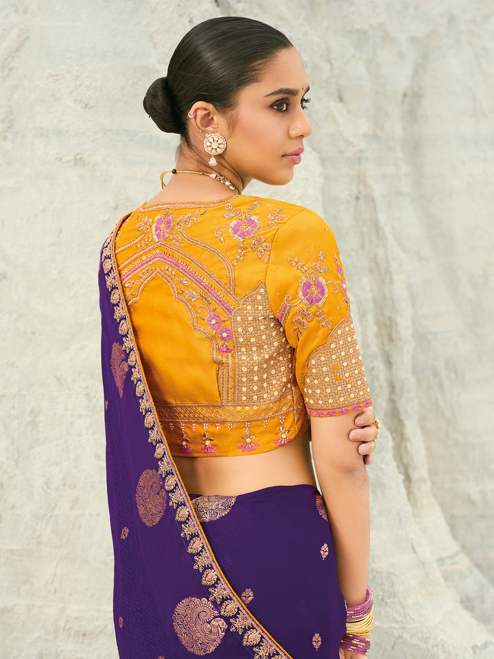 Royal Purple Organza Viscose Saree for Wedding & Festival | Cut-Dana Coding Border | Pure Silk Yellow Blouse