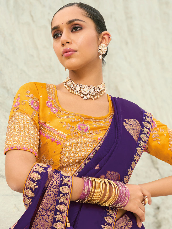 Royal Purple Organza Viscose Saree for Wedding & Festival | Cut-Dana Coding Border | Pure Silk Yellow Blouse