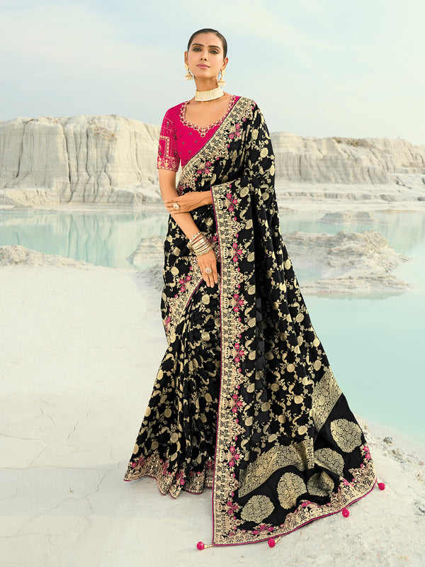 black dola viscose saree | heavy work wedding & festival wear | pure silk rani pink blouse