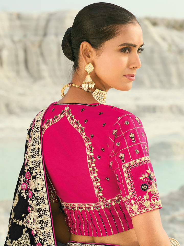 black dola viscose saree | heavy work wedding & festival wear | pure silk rani pink blouse