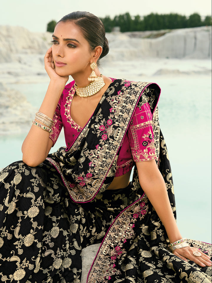 black dola viscose saree | heavy work wedding & festival wear | pure silk rani pink blouse