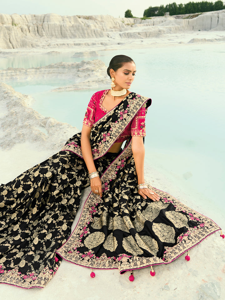 black dola viscose saree | heavy work wedding & festival wear | pure silk rani pink blouse