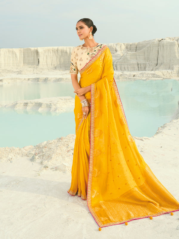 Yellow Dola Viscose Saree with Heavy Work and Cream Silk Blouse - Wedding & Festive Wear
