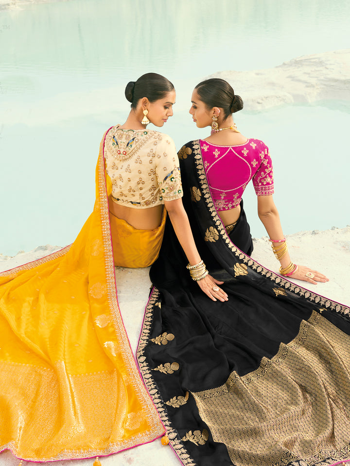 Yellow Dola Viscose Saree with Heavy Work and Cream Silk Blouse - Wedding & Festive Wear