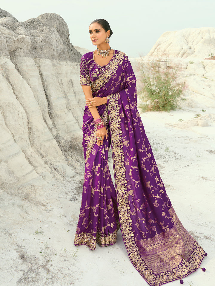 Purple Dola Viscose Saree for Wedding & Festival - Heavy Jari, Thread, Moti & Cut-Dana Work with Pure Silk Blouse