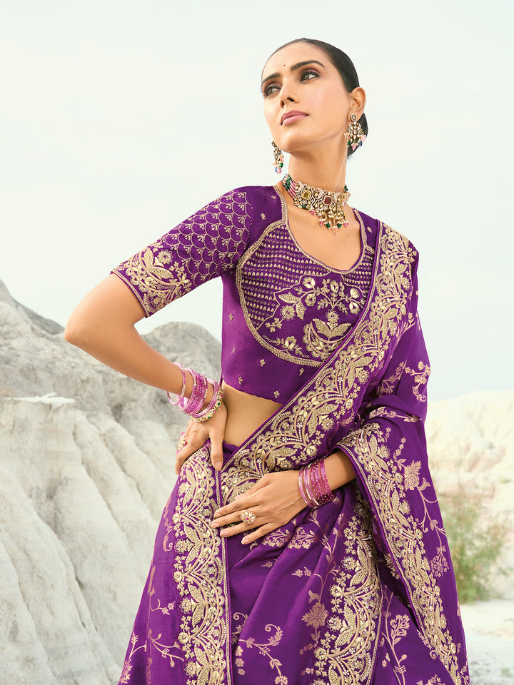 Purple Dola Viscose Saree for Wedding & Festival - Heavy Jari, Thread, Moti & Cut-Dana Work with Pure Silk Blouse