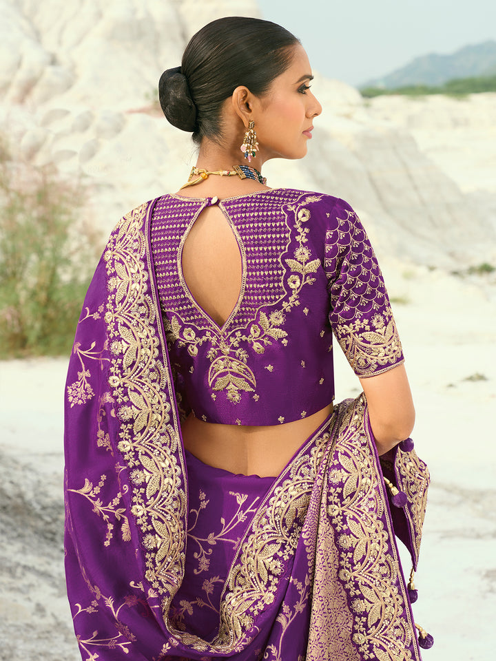 Purple Dola Viscose Saree for Wedding & Festival - Heavy Jari, Thread, Moti & Cut-Dana Work with Pure Silk Blouse