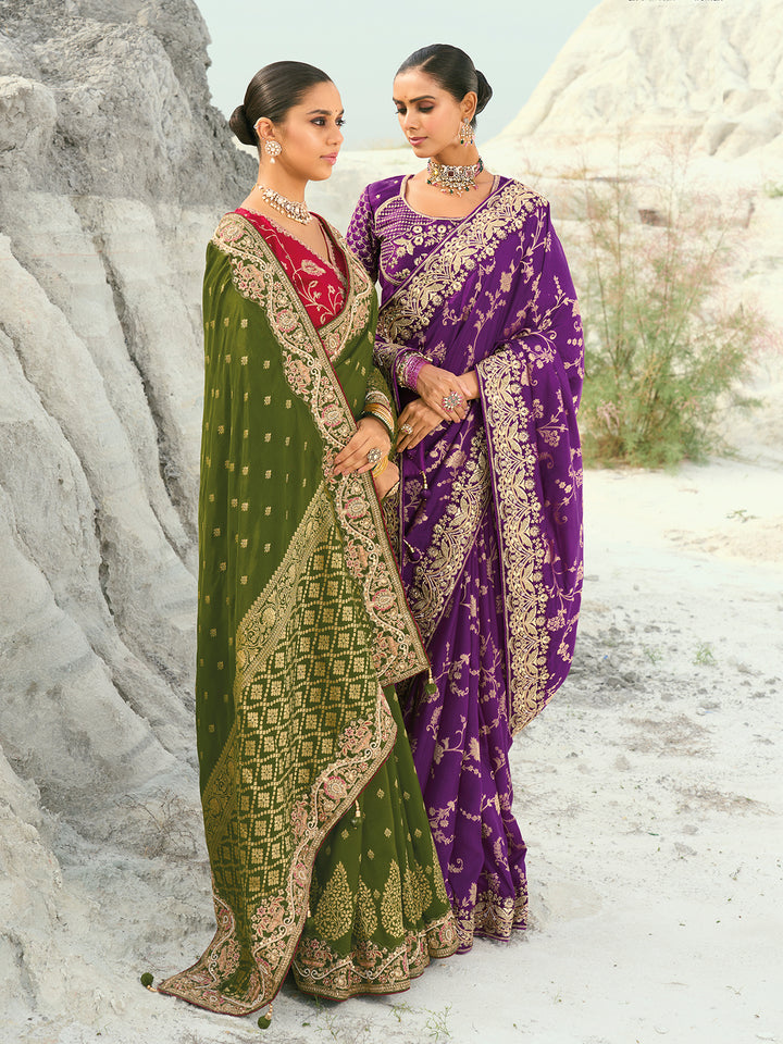 Purple Dola Viscose Saree for Wedding & Festival - Heavy Jari, Thread, Moti & Cut-Dana Work with Pure Silk Blouse