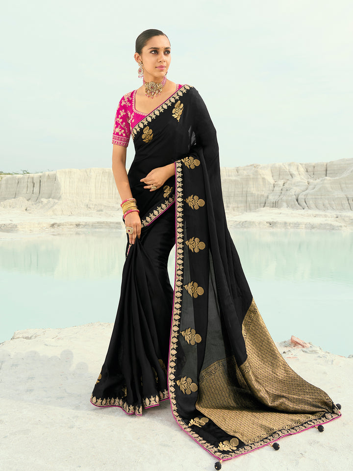 Black Organza Saree for Wedding & Festival | Cut-Dana Coding Border | Pink Pure Silk Blouse