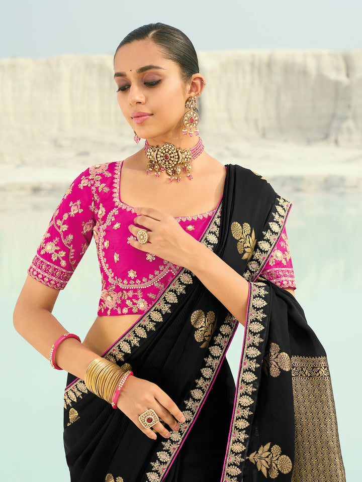 Black Organza Saree for Wedding & Festival | Cut-Dana Coding Border | Pink Pure Silk Blouse
