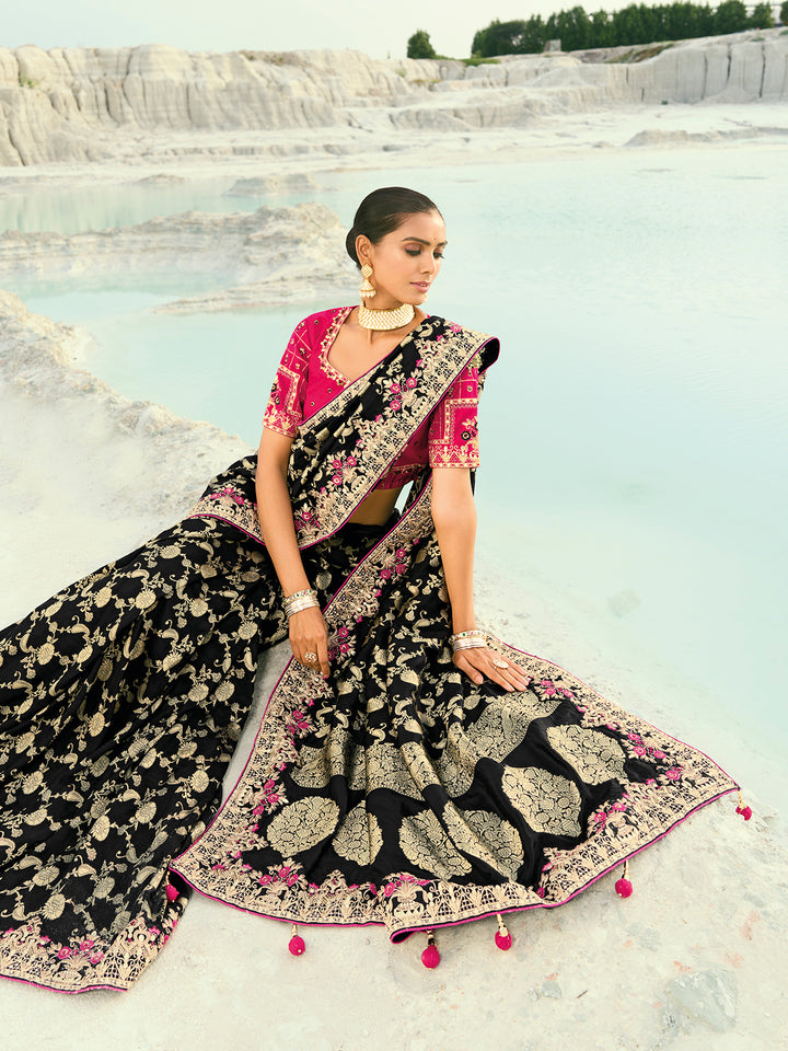 Black Organza Saree for Wedding & Festival | Cut-Dana Coding Border | Pink Pure Silk Blouse