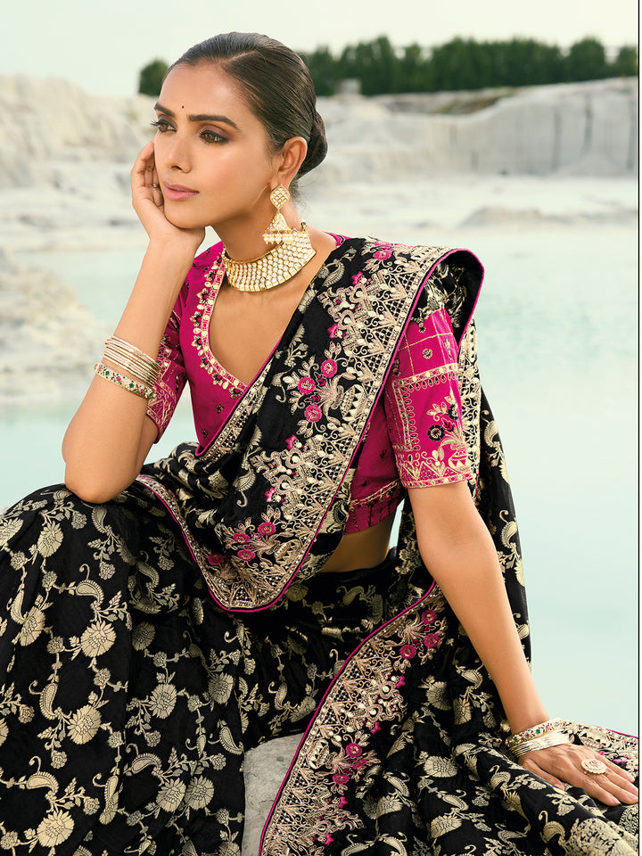 Black Organza Saree for Wedding & Festival | Cut-Dana Coding Border | Pink Pure Silk Blouse