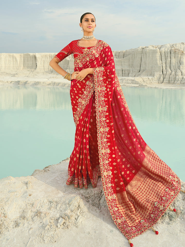 Red Dola Viscose Saree with Heavy Jari Work For Wedding & Festival Wear