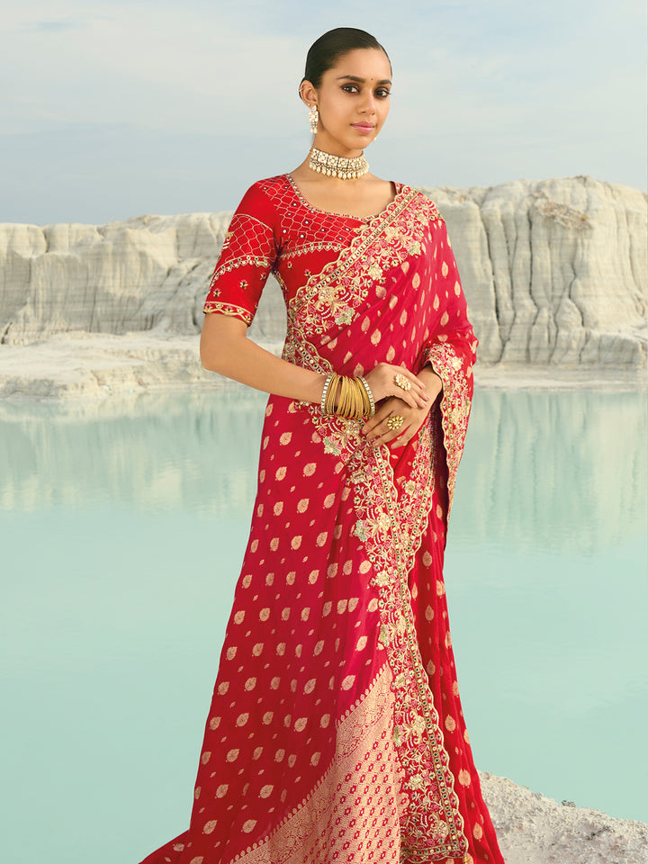 Red Dola Viscose Saree with Heavy Jari Work For Wedding & Festival Wear