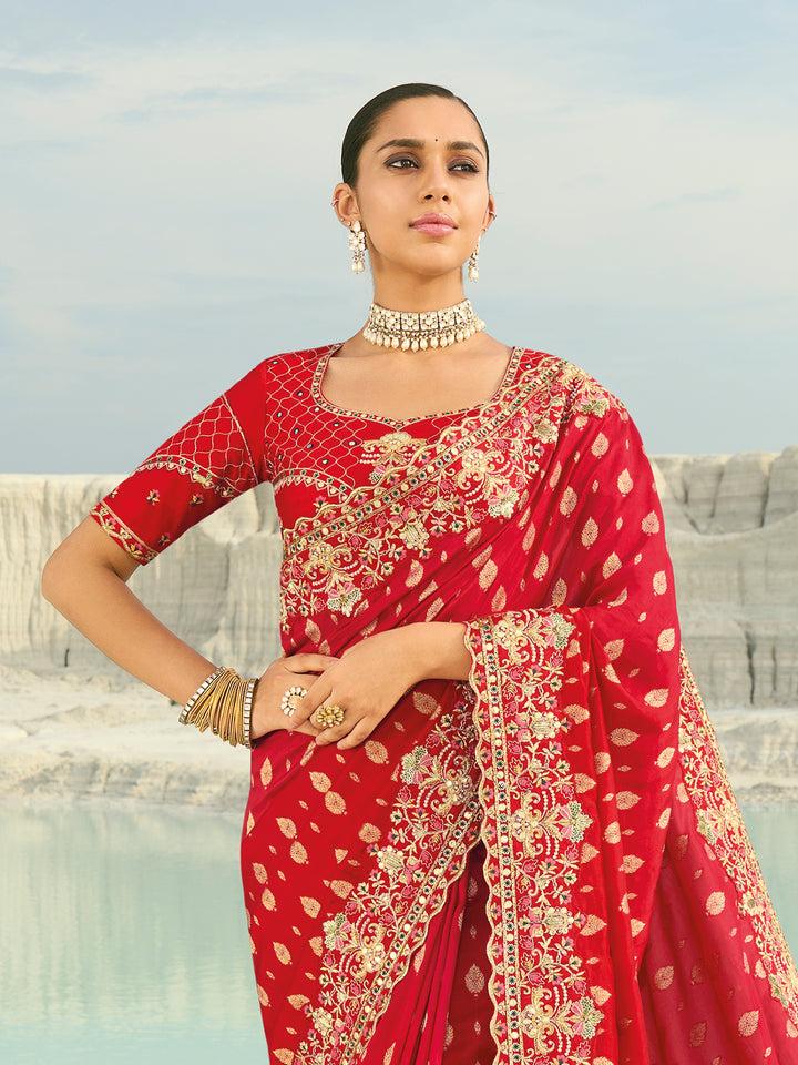 Red Dola Viscose Saree with Heavy Jari Work For Wedding & Festival Wear