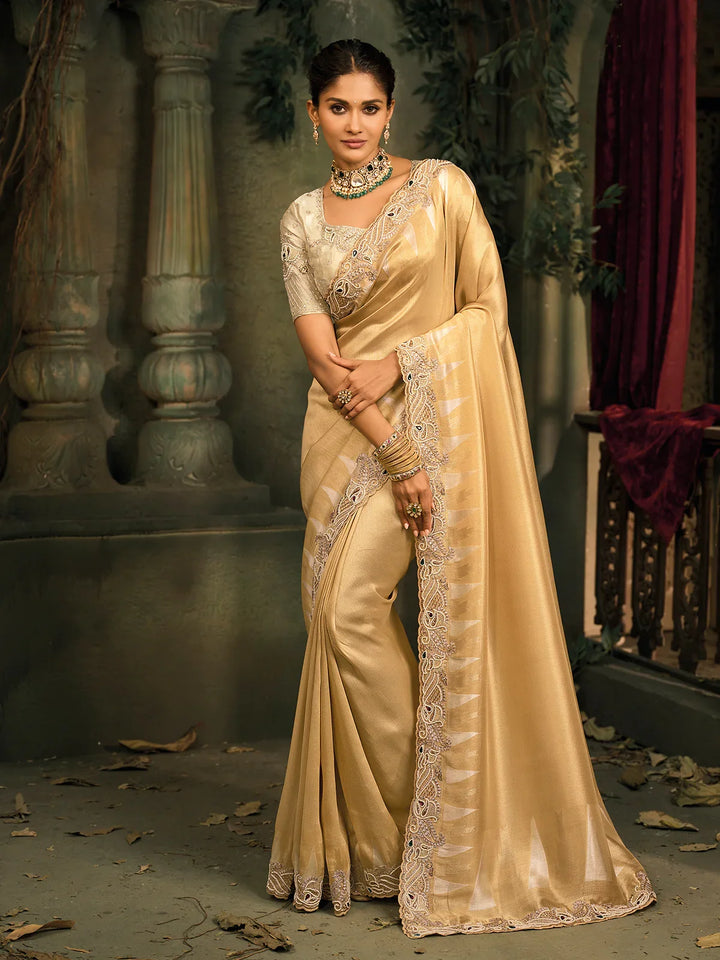 ziraf silk saree with heavy cut-dana and mirror work in chiku color ...