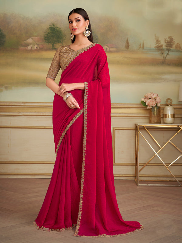 Red Georgette Saree with Brown Tussar Silk Blouse for Occasion Wear