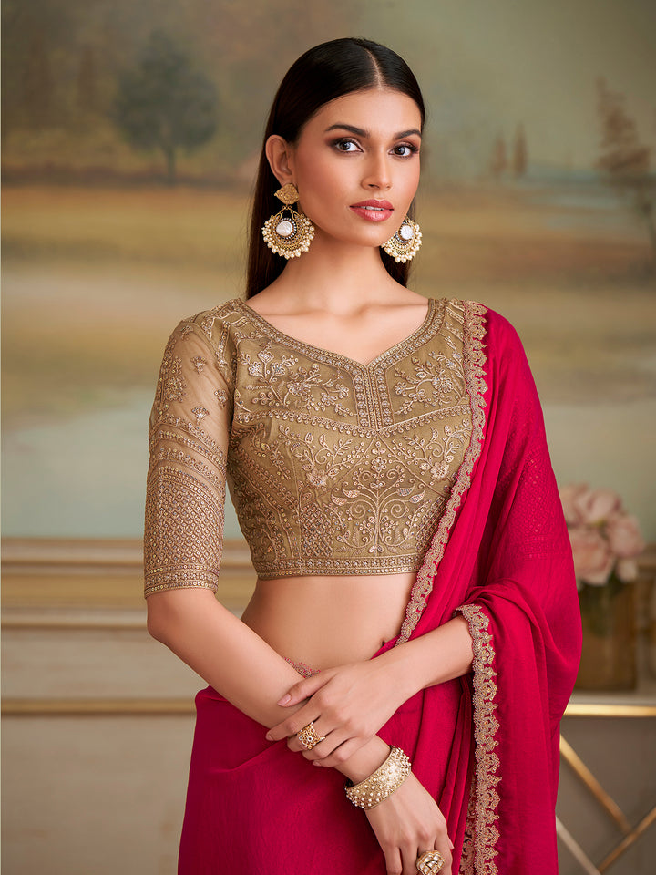 Red Georgette Saree with Brown Tussar Silk Blouse for Occasion Wear